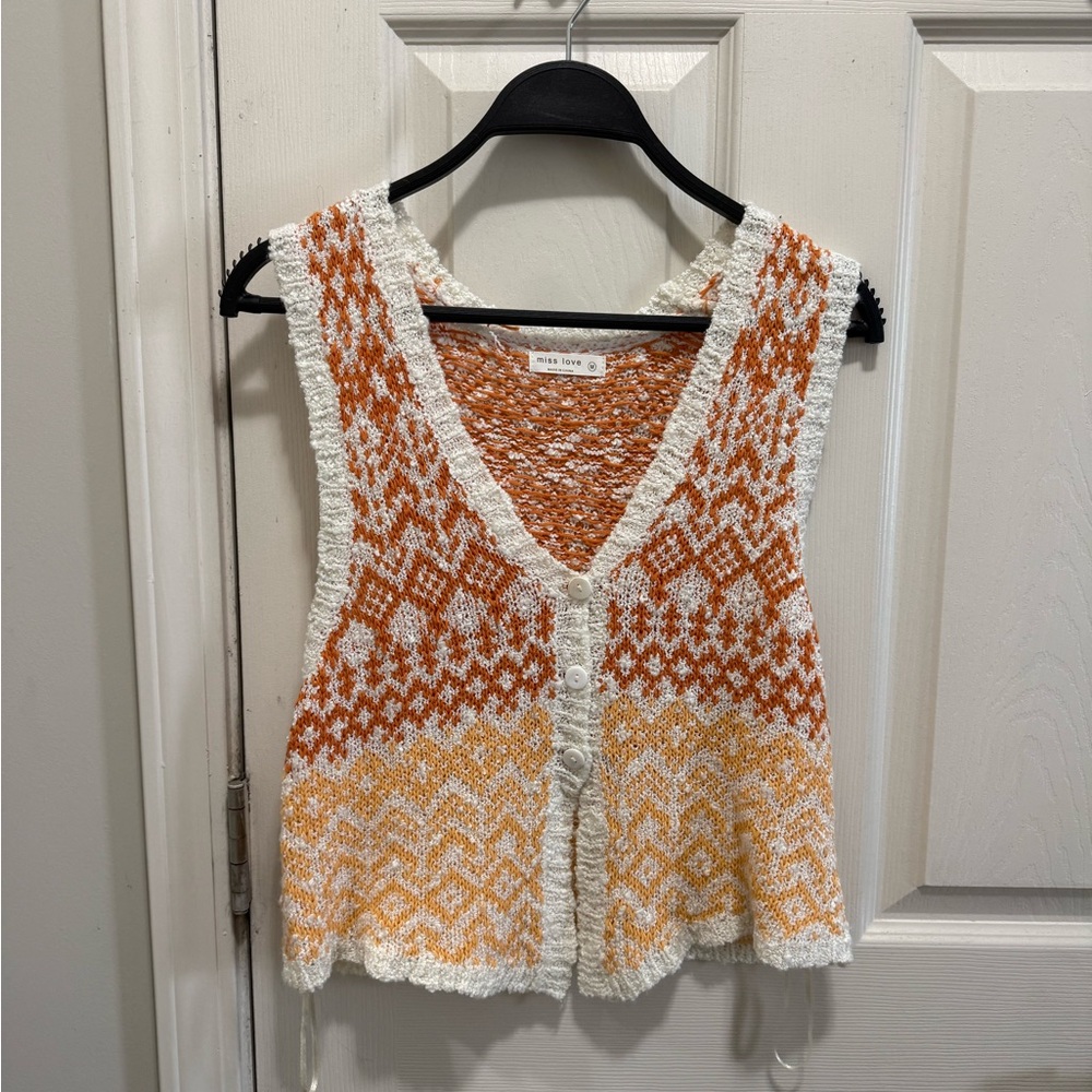 Free People Orange and Cream Knit Button-Down Top